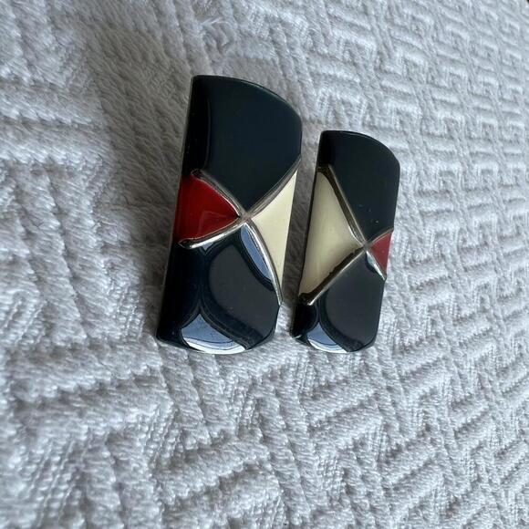 Vintage Women's Red White Blue Enamel Finish Chevron Design 80s Retro Earrings - Picture 3 of 9